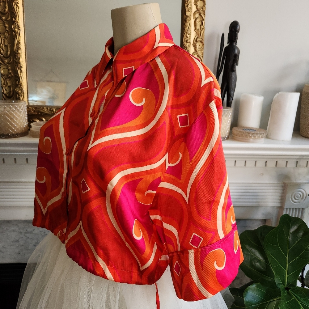 Zara Pink Cropped Satin Shirt Size Small Orange Beige Psychedelic Hippie - Picture 10 of 15